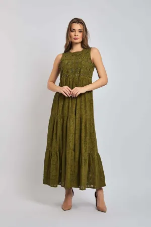 Women Dress Cotton Sleeveless Lace Khaki