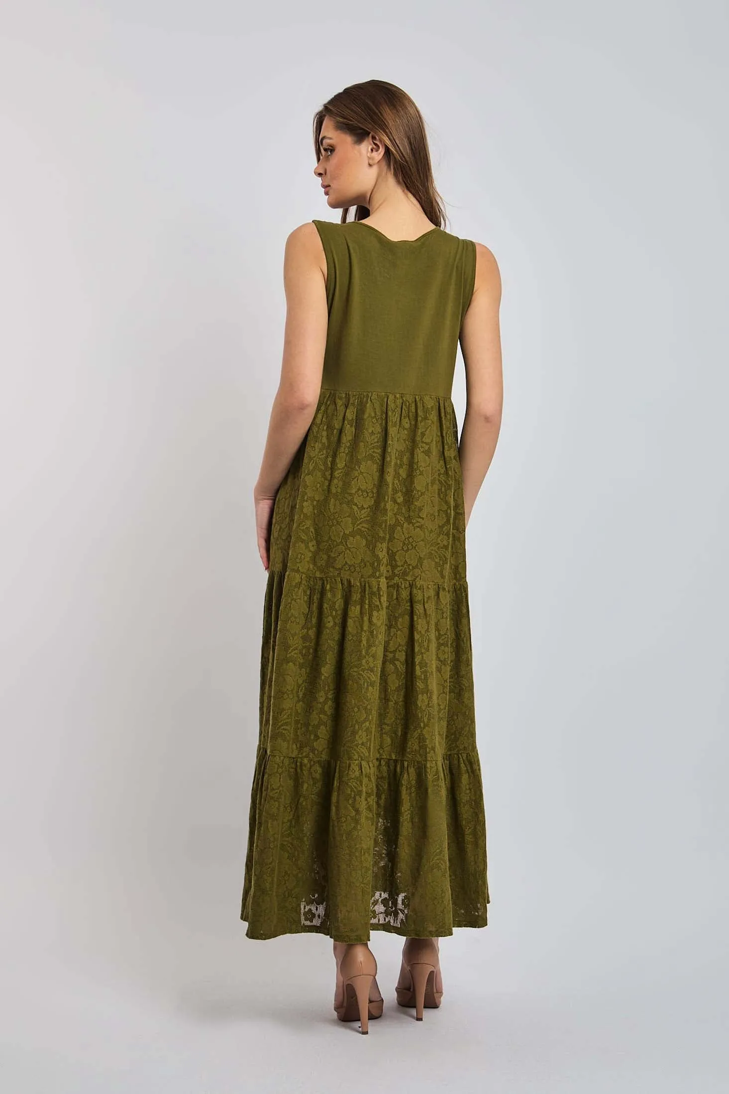 Women Dress Cotton Sleeveless Lace Khaki