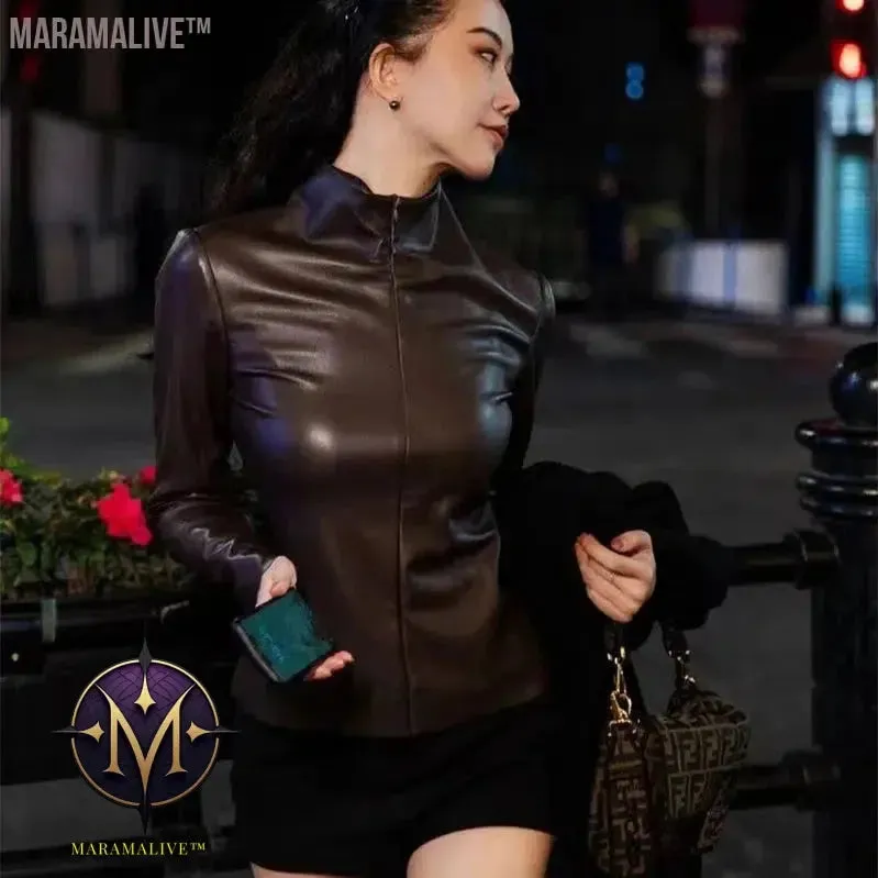Women Faux Patent Leather Turtleneck Tops Long Sleeve Shirt Pullover Slim PU Clothes Streetwear Windproof Motorcycle Clothing