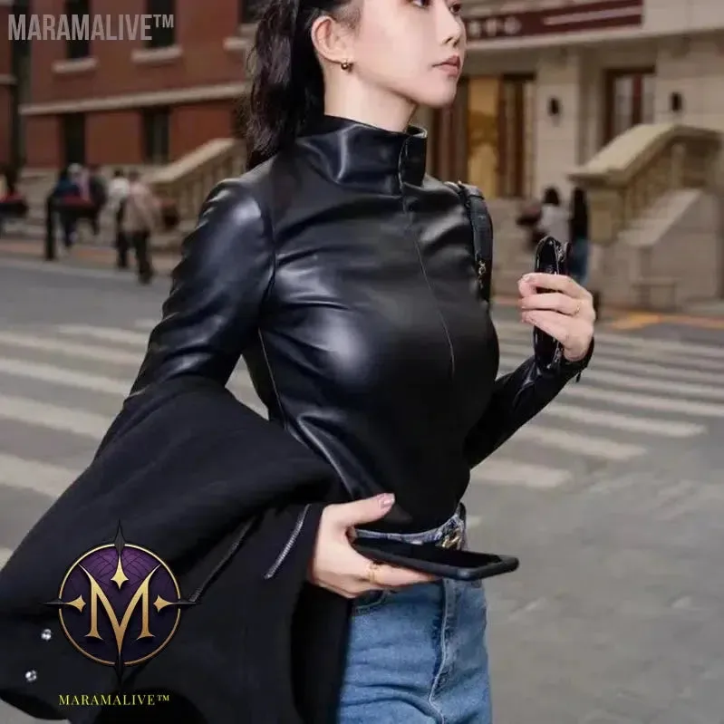 Women Faux Patent Leather Turtleneck Tops Long Sleeve Shirt Pullover Slim PU Clothes Streetwear Windproof Motorcycle Clothing
