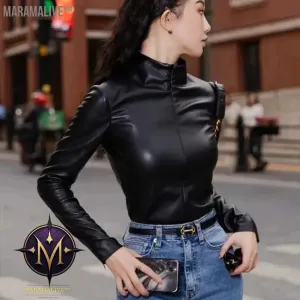 Women Faux Patent Leather Turtleneck Tops Long Sleeve Shirt Pullover Slim PU Clothes Streetwear Windproof Motorcycle Clothing