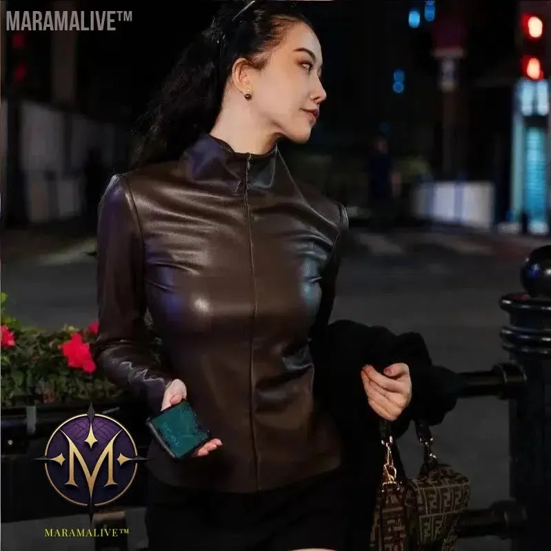 Women Faux Patent Leather Turtleneck Tops Long Sleeve Shirt Pullover Slim PU Clothes Streetwear Windproof Motorcycle Clothing