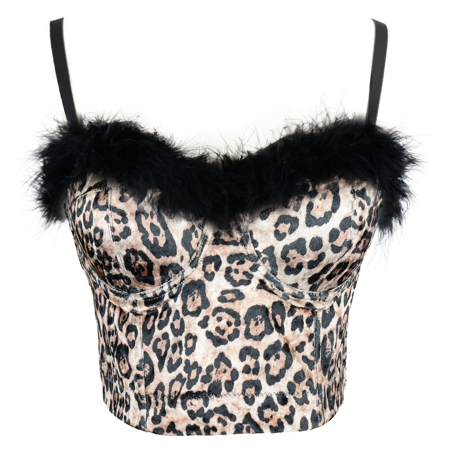 Women Sexy Feather Leopard Pattern Bustier Crop Top Women's Corset Top Bra Brown