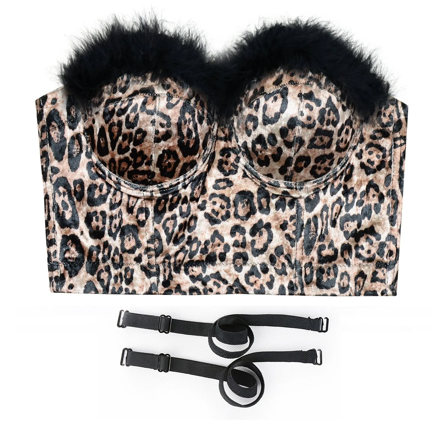 Women Sexy Feather Leopard Pattern Bustier Crop Top Women's Corset Top Bra Brown