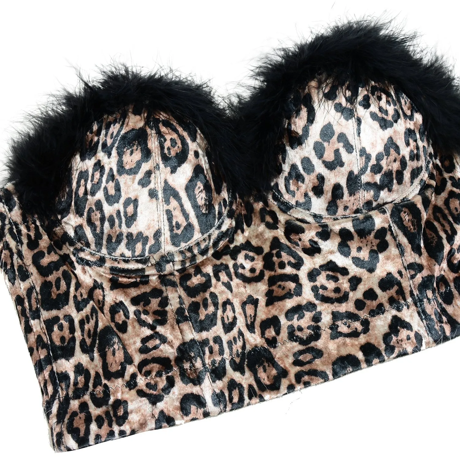 Women Sexy Feather Leopard Pattern Bustier Crop Top Women's Corset Top Bra Brown