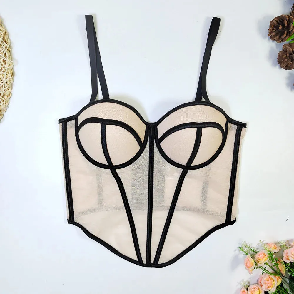 Women Sexy Mesh Irregular Corset French Unique Contrasting Lines Ladies Bustie Party Blackless Design Cropped Top Vest Tank Top