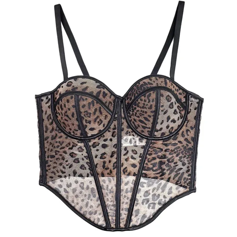 Women Sexy Mesh Irregular Corset French Unique Contrasting Lines Ladies Bustie Party Blackless Design Cropped Top Vest Tank Top