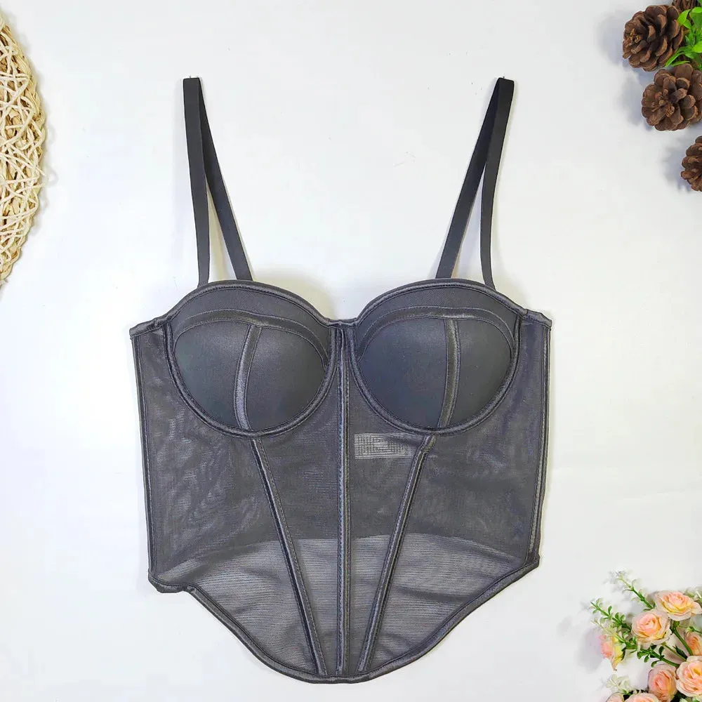Women Sexy Mesh Irregular Corset French Unique Contrasting Lines Ladies Bustie Party Blackless Design Cropped Top Vest Tank Top