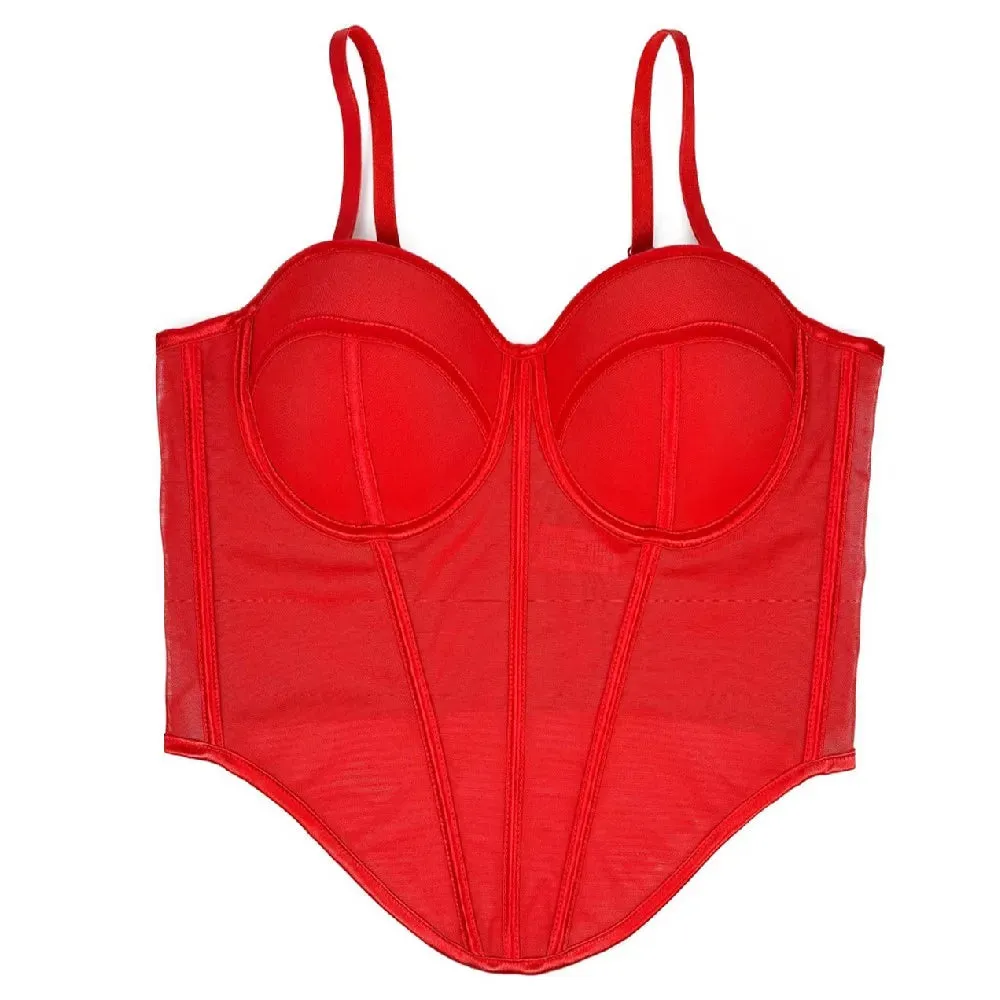 Women Sexy Mesh Irregular Corset French Unique Contrasting Lines Ladies Bustie Party Blackless Design Cropped Top Vest Tank Top