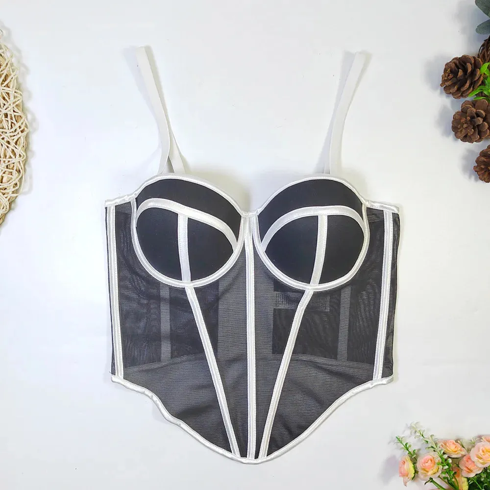 Women Sexy Mesh Irregular Corset French Unique Contrasting Lines Ladies Bustie Party Blackless Design Cropped Top Vest Tank Top