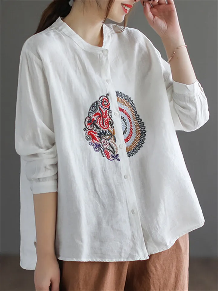 Women's Autumn New Cotton Linen Embroidered Loose Pretty Shirts