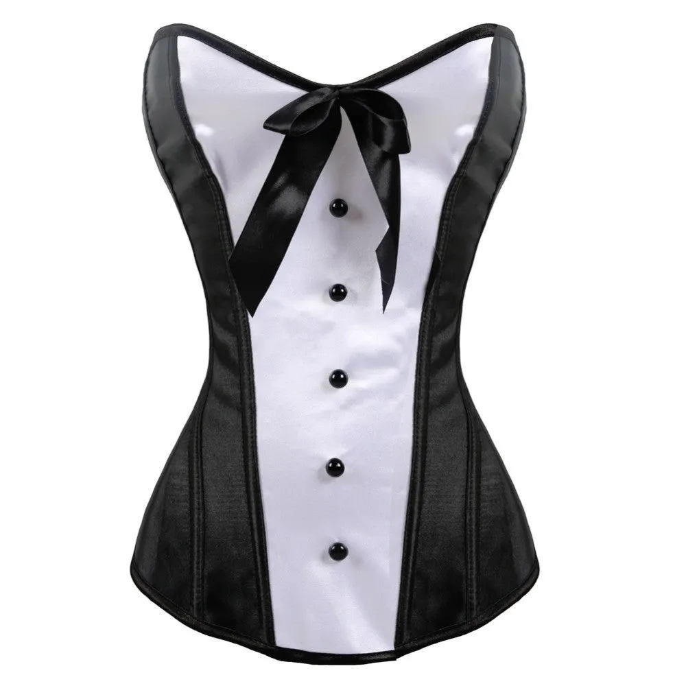 Women's Black and White Lace Up Back Corset Top Plastic Bones Bustier