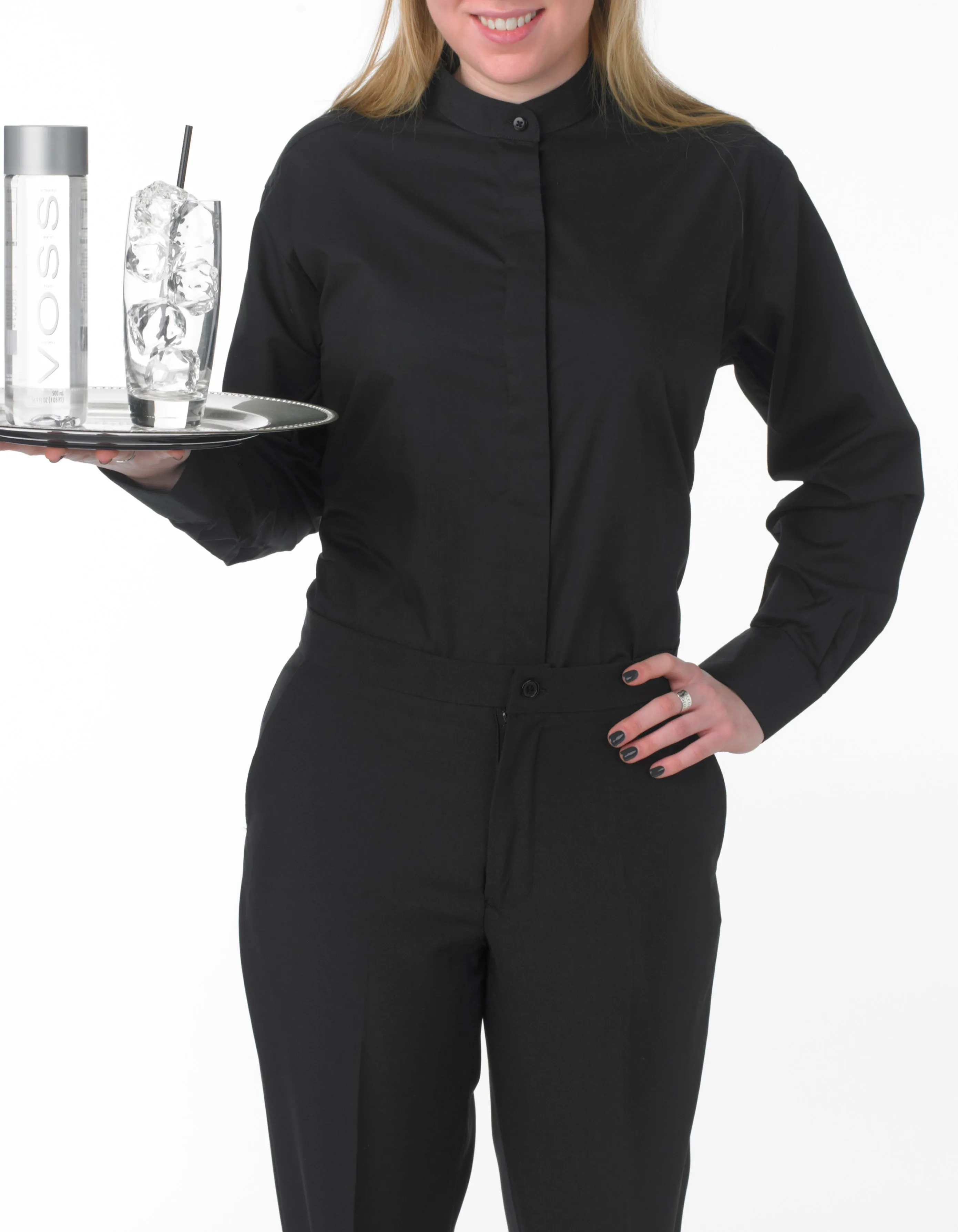 Women's Black, Banded Collar, Long Sleeve Dress Shirt