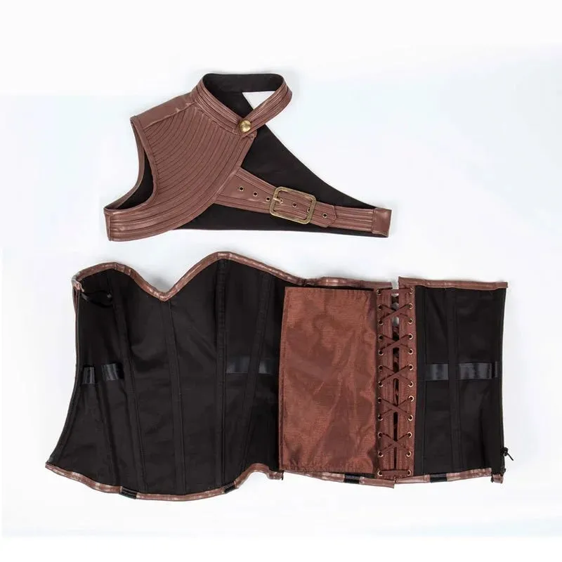 Women's Brown Vintage Gothic Corset Steampunk jacket Armor With Shoulder Burlesque Costumes Overbust Bolero steel boned corset