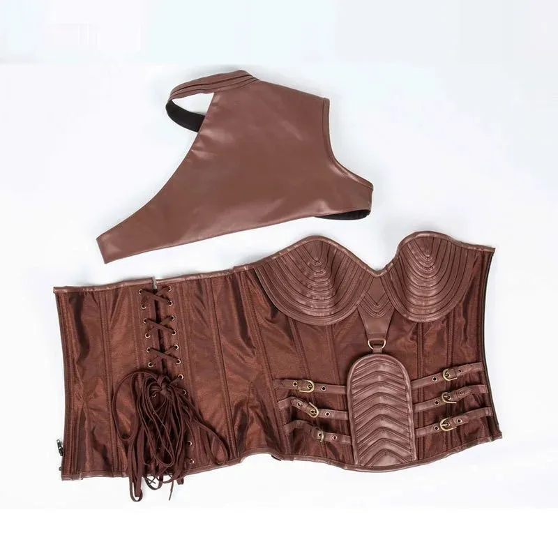Women's Brown Vintage Gothic Corset Steampunk jacket Armor With Shoulder Burlesque Costumes Overbust Bolero steel boned corset