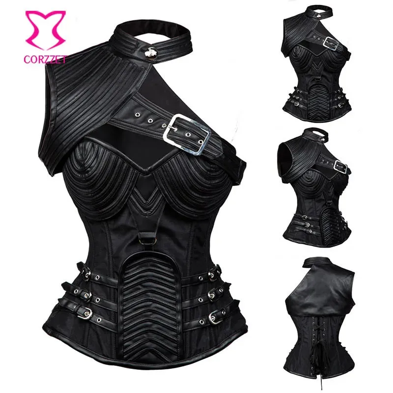 Women's Brown Vintage Gothic Corset Steampunk jacket Armor With Shoulder Burlesque Costumes Overbust Bolero steel boned corset