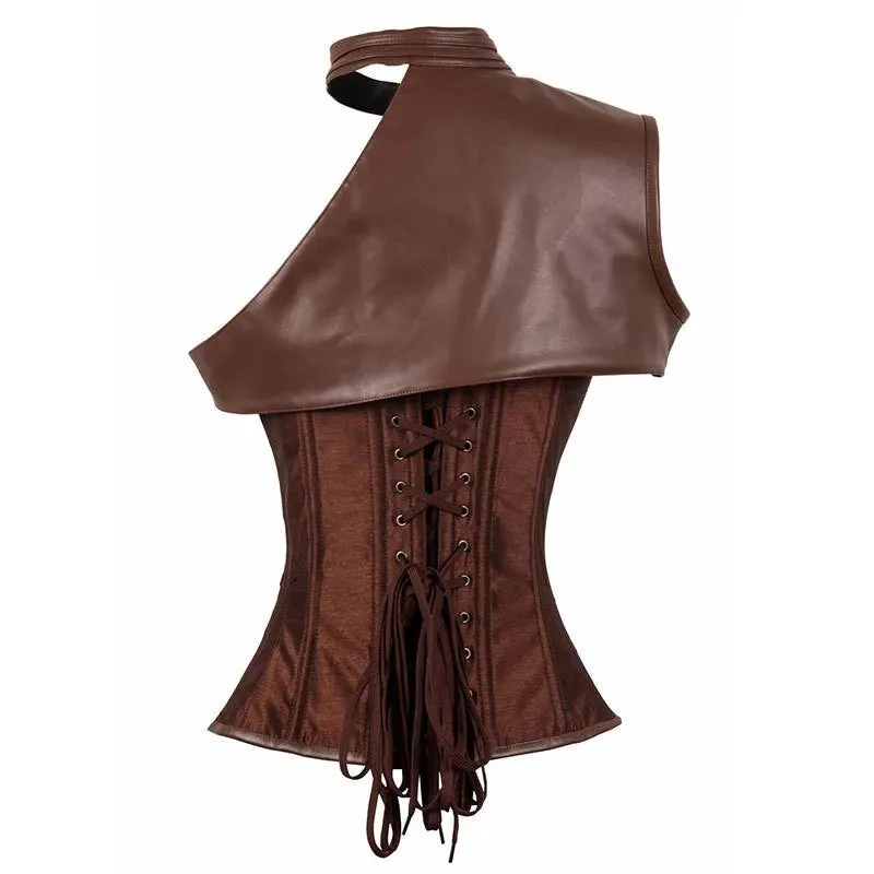 Women's Brown Vintage Gothic Corset Steampunk jacket Armor With Shoulder Burlesque Costumes Overbust Bolero steel boned corset