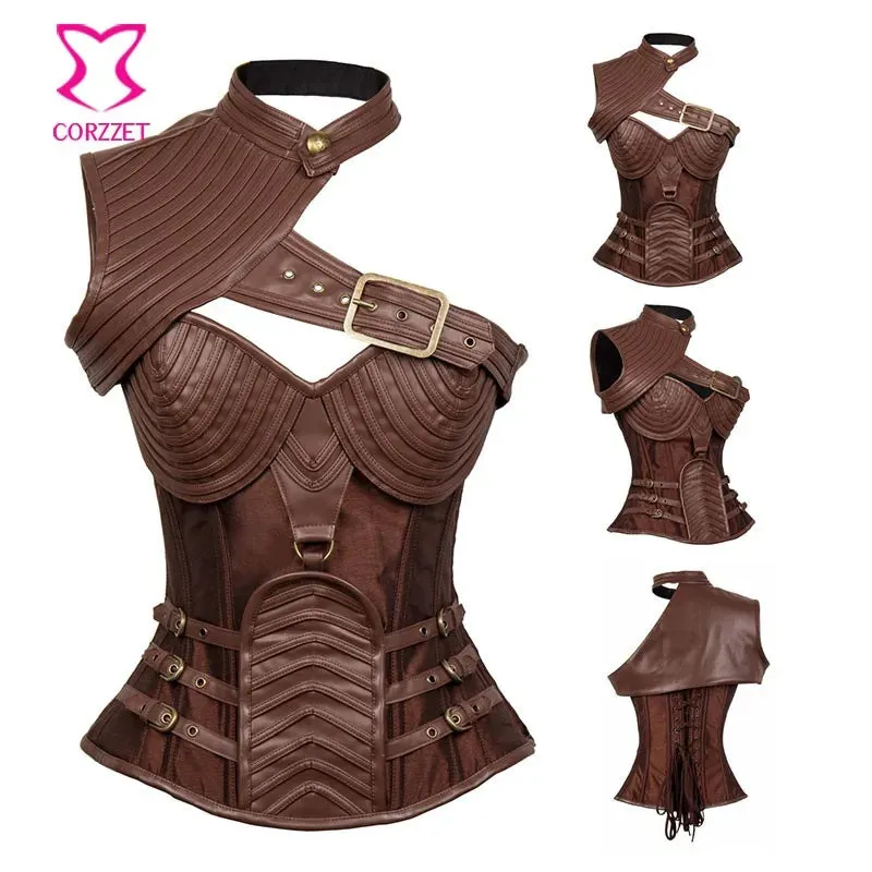 Women's Brown Vintage Gothic Corset Steampunk jacket Armor With Shoulder Burlesque Costumes Overbust Bolero steel boned corset