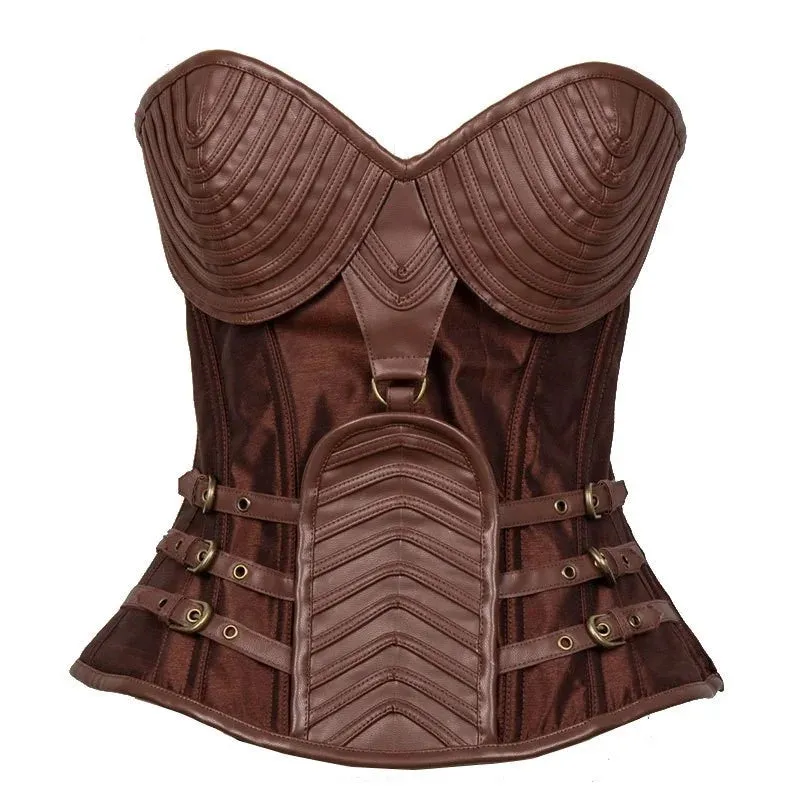 Women's Brown Vintage Gothic Corset Steampunk jacket Armor With Shoulder Burlesque Costumes Overbust Bolero steel boned corset
