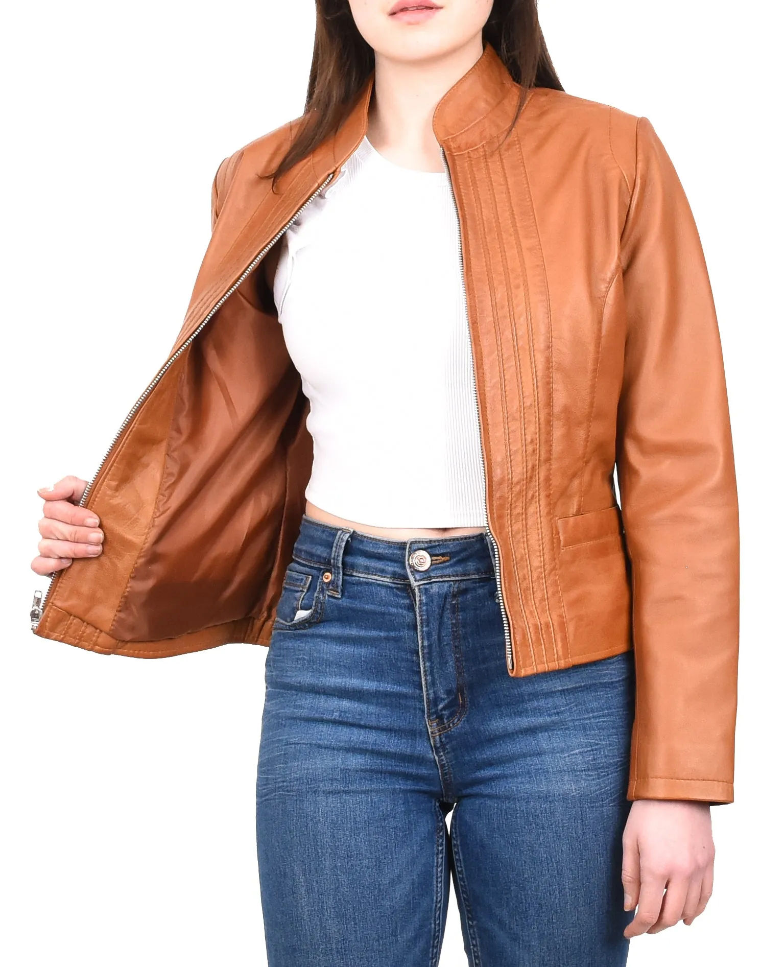 Women's Casual Biker Genuine Leather Jacket Tan Speedette