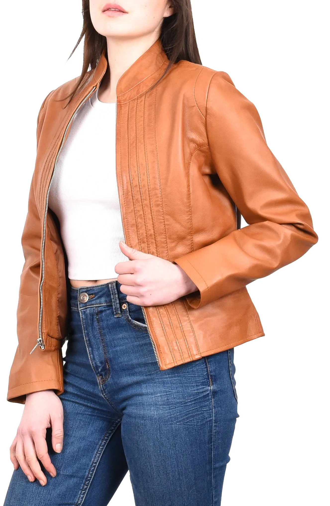 Women's Casual Biker Genuine Leather Jacket Tan Speedette