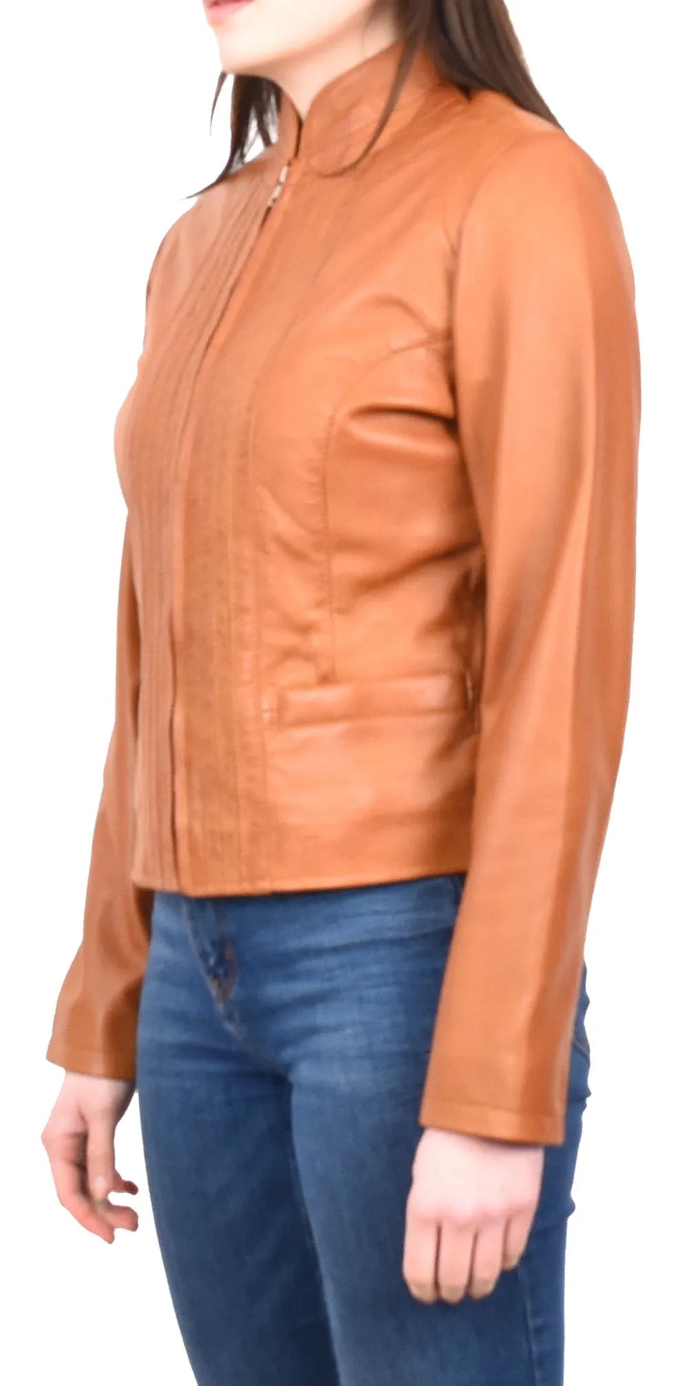Women's Casual Biker Genuine Leather Jacket Tan Speedette