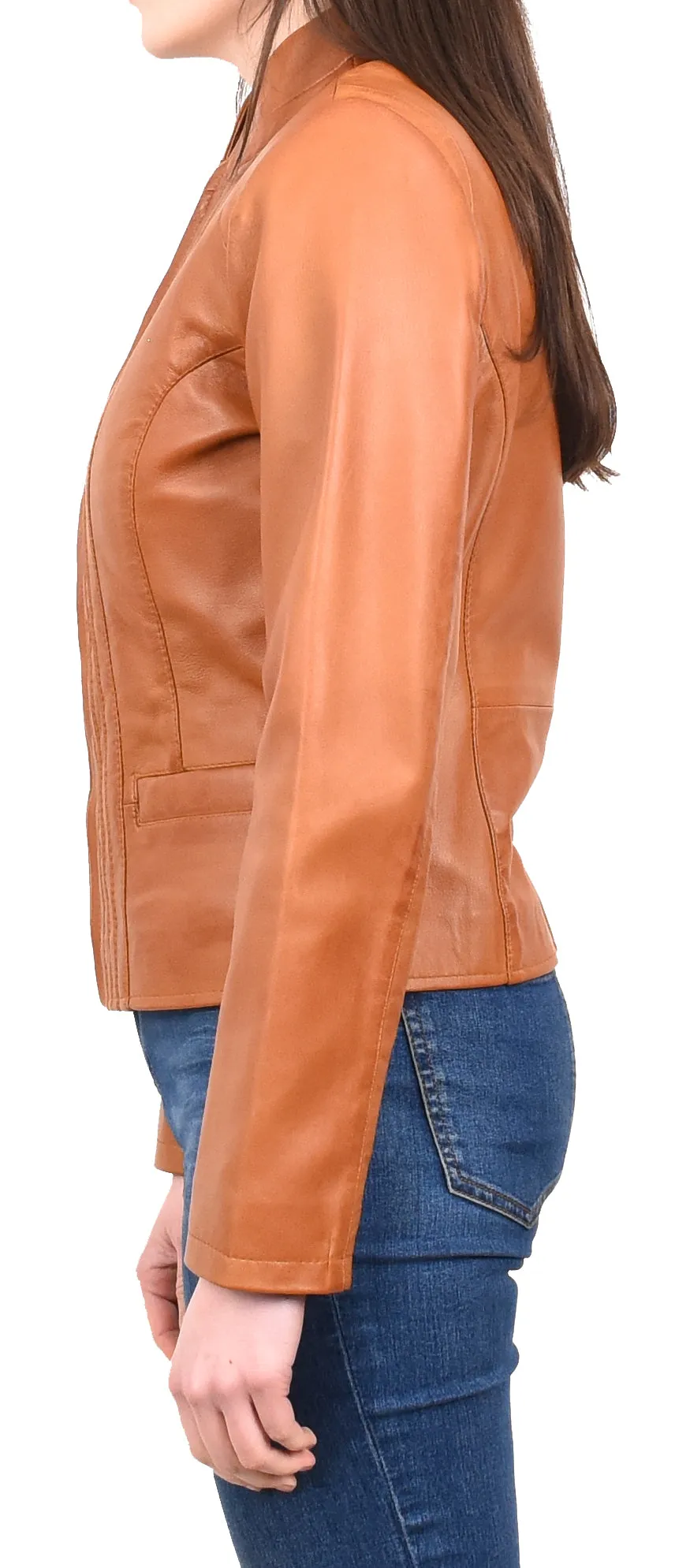 Women's Casual Biker Genuine Leather Jacket Tan Speedette