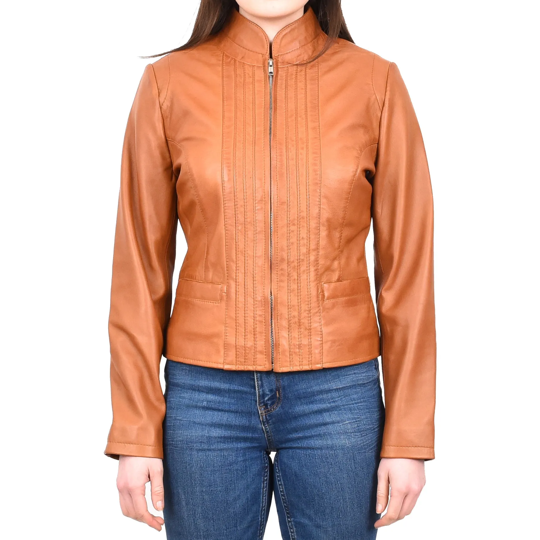 Women's Casual Biker Genuine Leather Jacket Tan Speedette