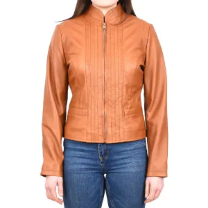 Women's Casual Biker Genuine Leather Jacket Tan Speedette