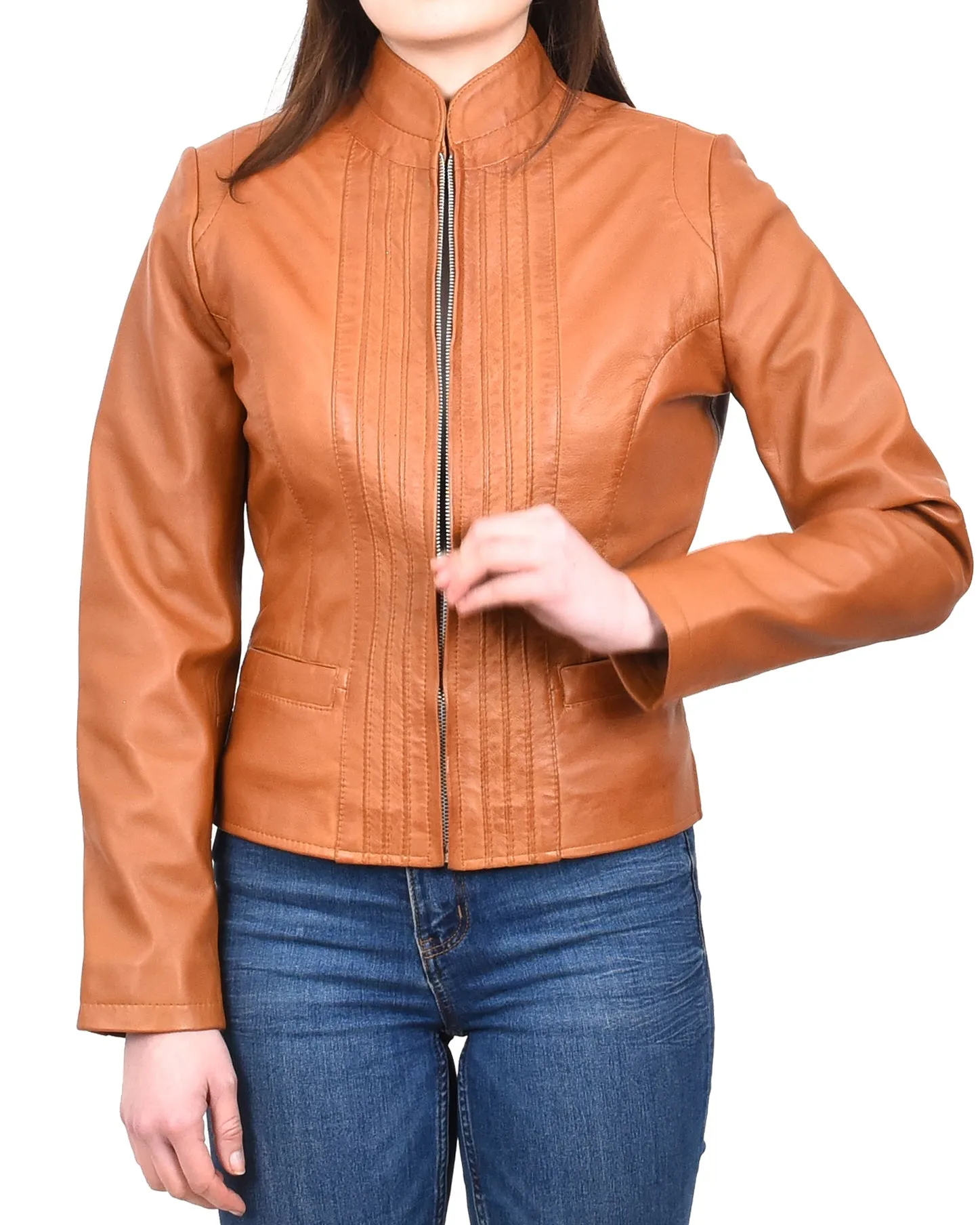 Women's Casual Biker Genuine Leather Jacket Tan Speedette