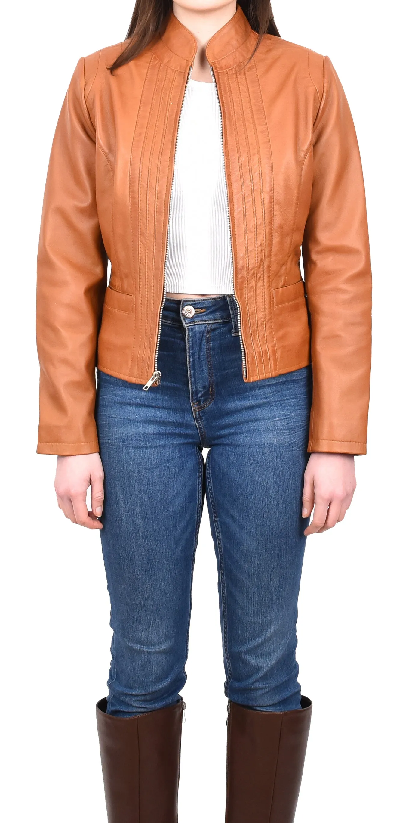 Women's Casual Biker Genuine Leather Jacket Tan Speedette