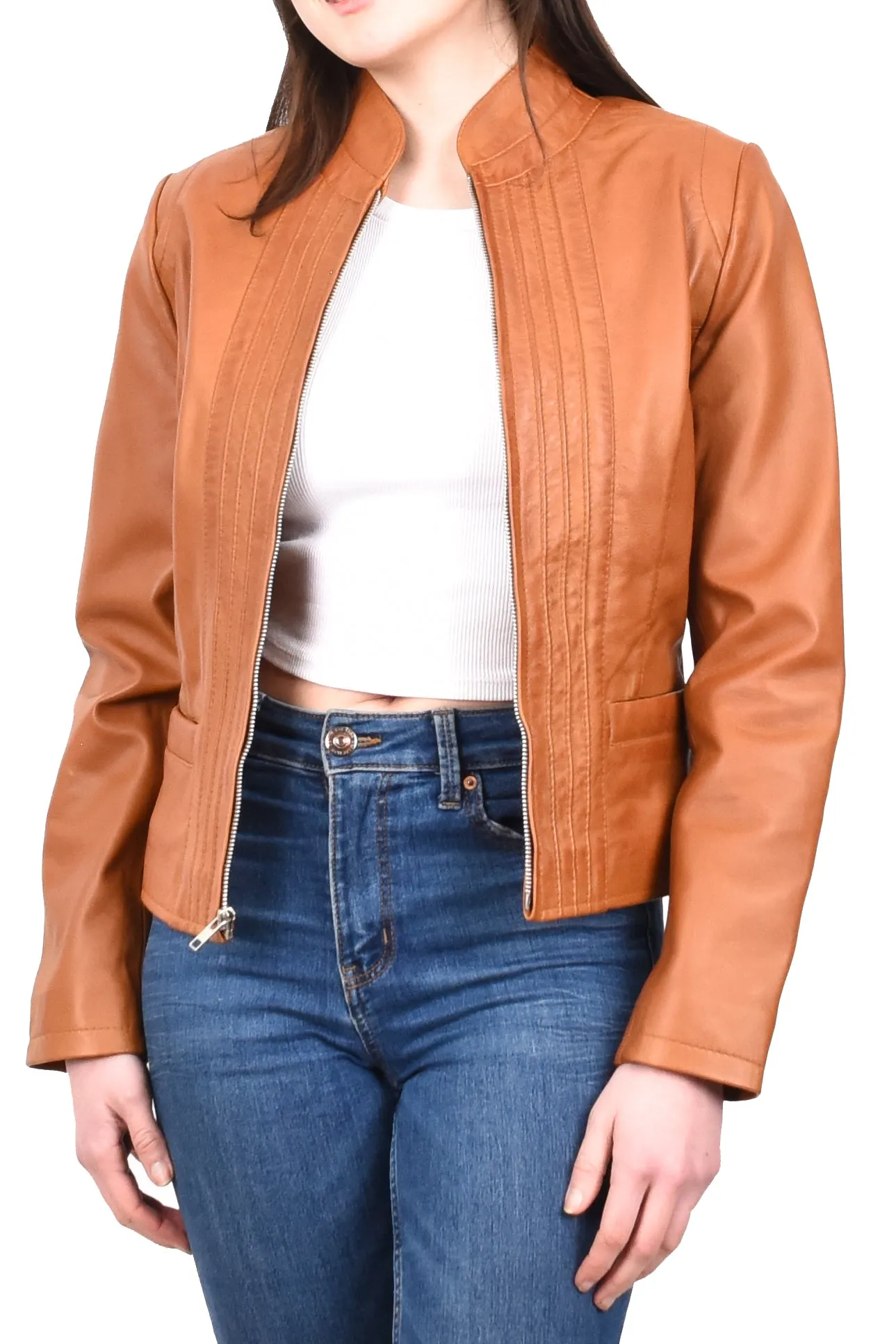 Women's Casual Biker Genuine Leather Jacket Tan Speedette