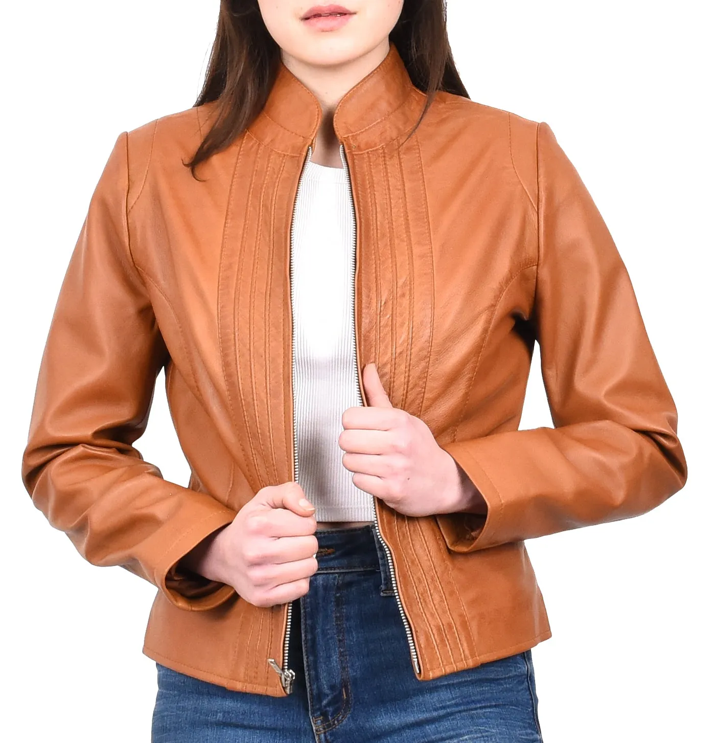 Women's Casual Biker Genuine Leather Jacket Tan Speedette