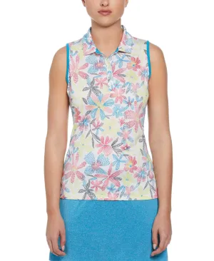 Women's Chevron Floral Print Golf Polo In Brilliant White