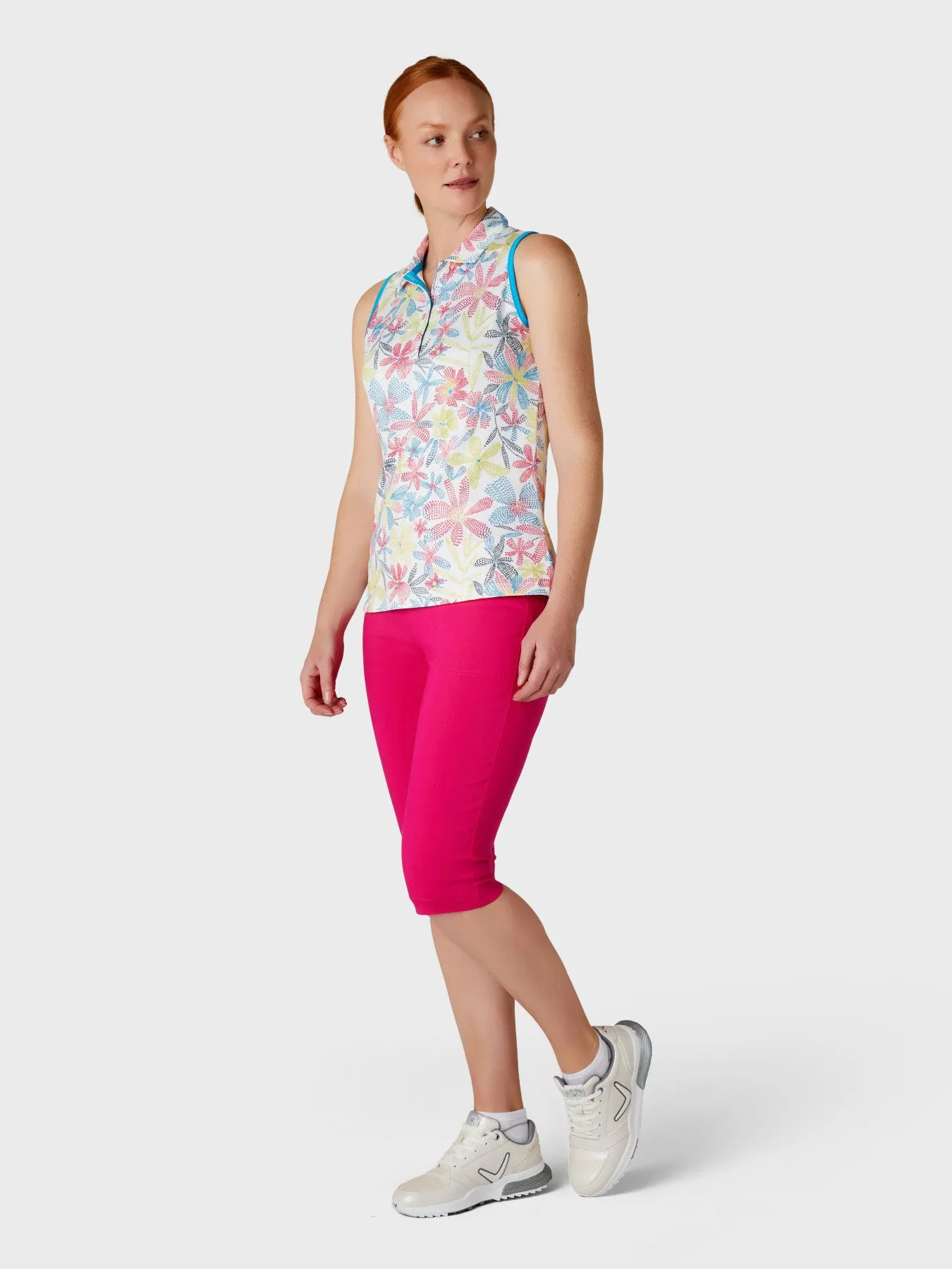 Women's Chevron Floral Print Golf Polo In Brilliant White