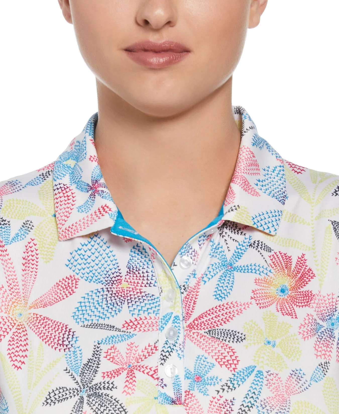 Women's Chevron Floral Print Golf Polo In Brilliant White