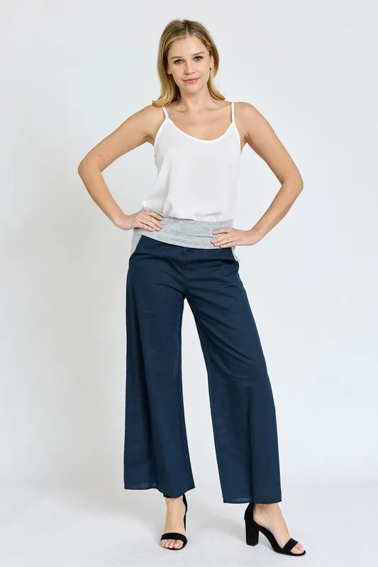 Women's Cotton Linen Wide Leg Pants Fold Over With Pockets