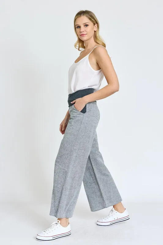Women's Cotton Linen Wide Leg Pants Fold Over With Pockets
