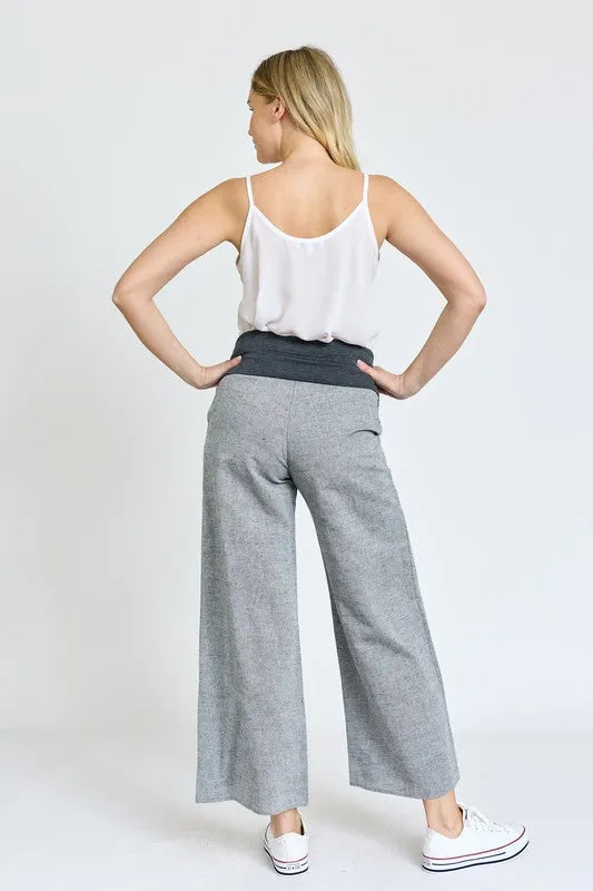 Women's Cotton Linen Wide Leg Pants Fold Over With Pockets