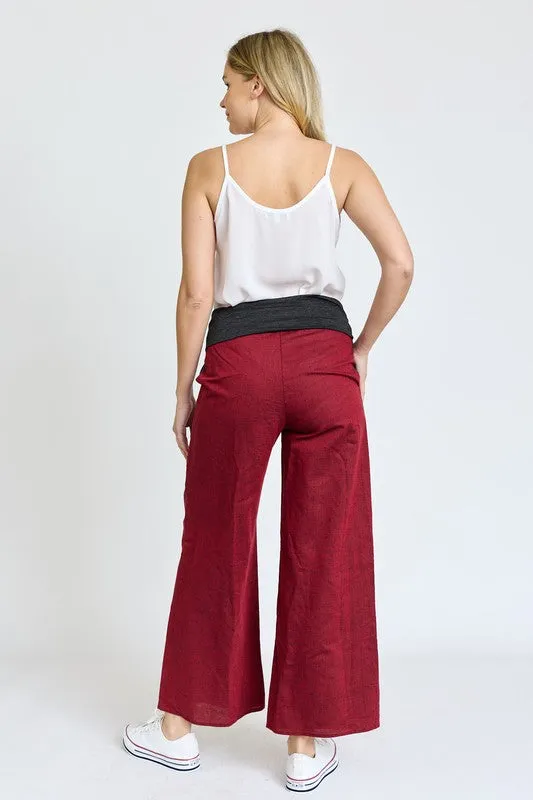 Women's Cotton Linen Wide Leg Pants Fold Over With Pockets