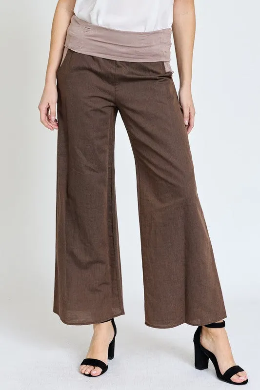 Women's Cotton Linen Wide Leg Pants Fold Over With Pockets