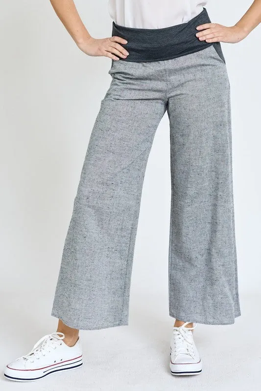 Women's Cotton Linen Wide Leg Pants Fold Over With Pockets