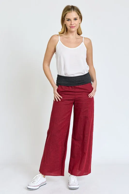 Women's Cotton Linen Wide Leg Pants Fold Over With Pockets