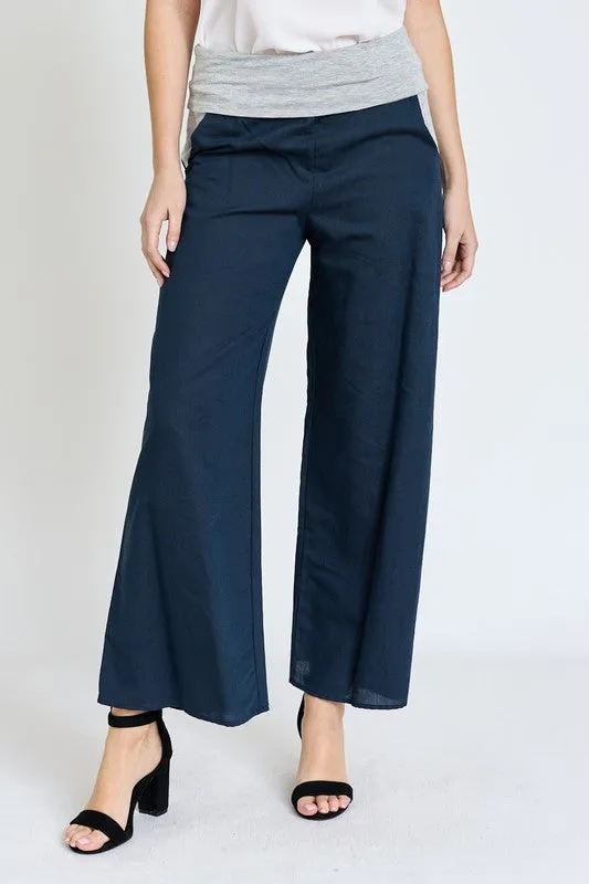Women's Cotton Linen Wide Leg Pants Fold Over With Pockets
