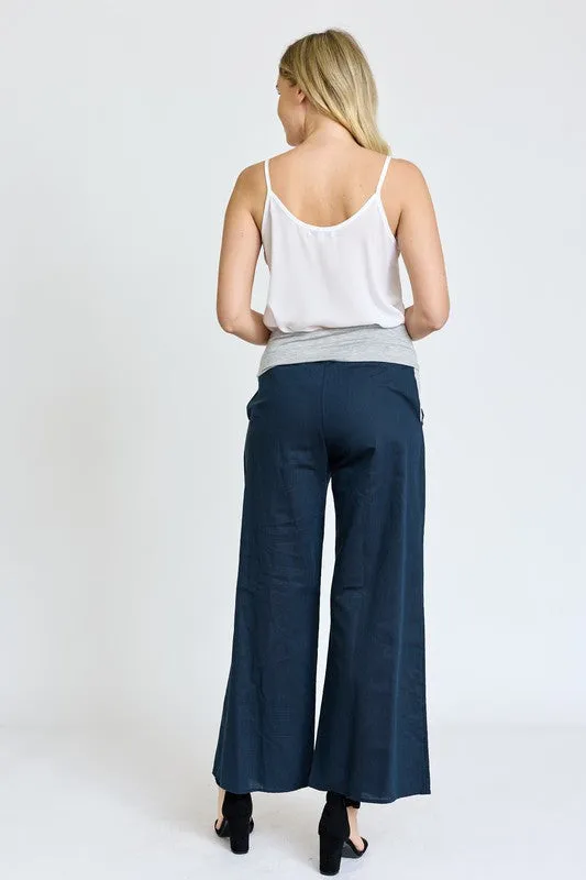 Women's Cotton Linen Wide Leg Pants Fold Over With Pockets