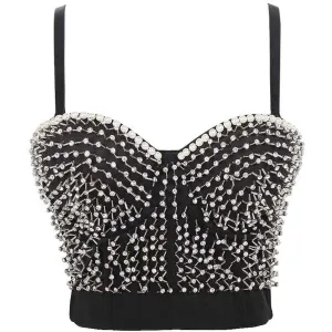 Womens Crop Tops Black Beaded Push Up Corset Bra Dance Top