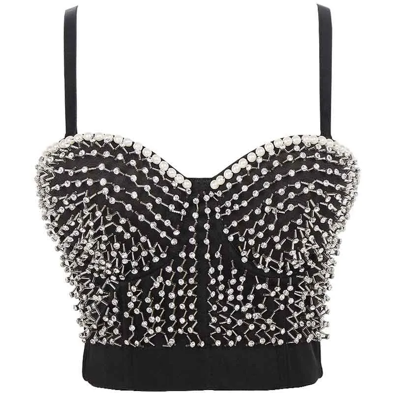 Womens Crop Tops Black Beaded Push Up Corset Bra Dance Top