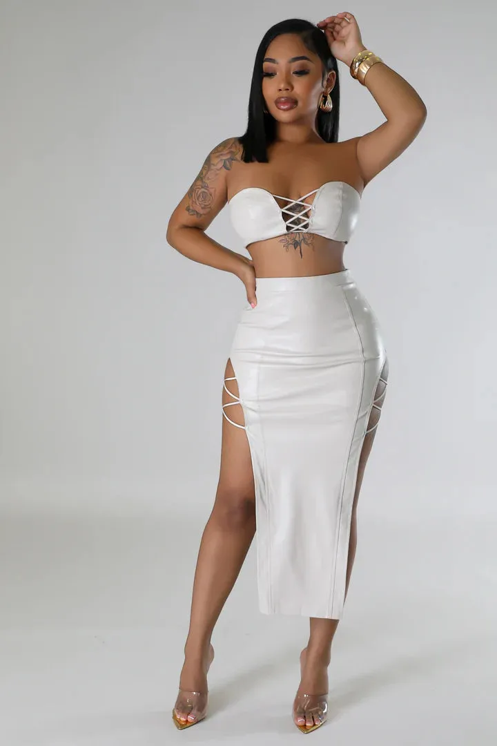 Women's Faux Leather Body Strap Design Midi Skirt Set