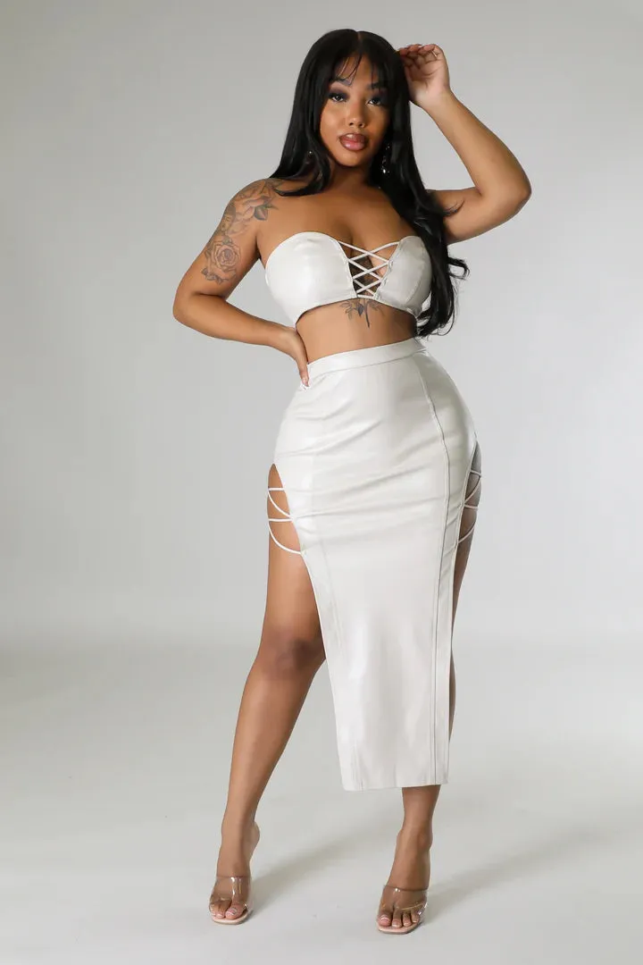 Women's Faux Leather Body Strap Design Midi Skirt Set