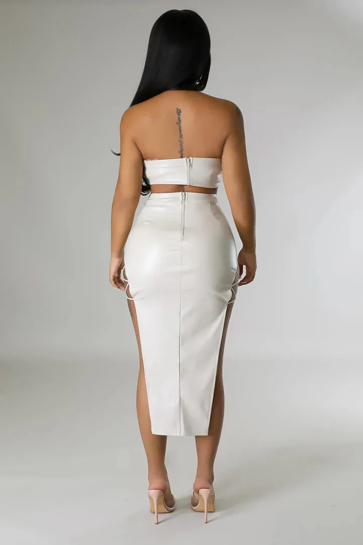 Women's Faux Leather Body Strap Design Midi Skirt Set
